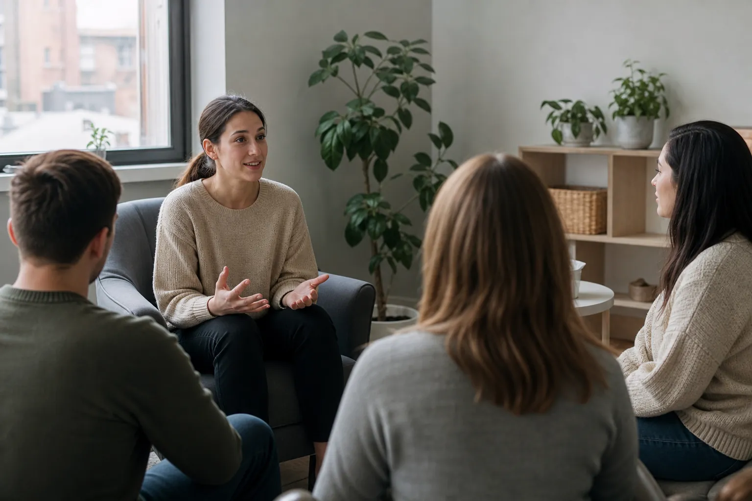 Four adults sit in a small discussion circle as a woman gestures with both hands in a bright room with potted plants.