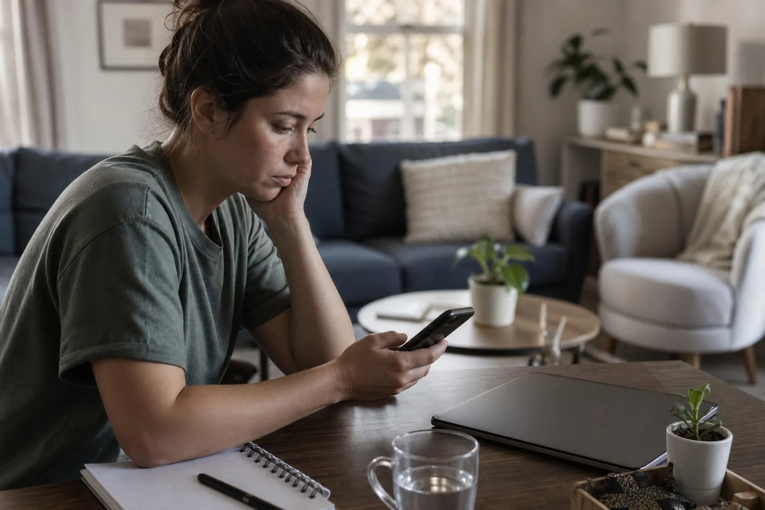 A woman rests her cheek on one hand while looking at a smartphone beside a closed laptop and notebook at a table.