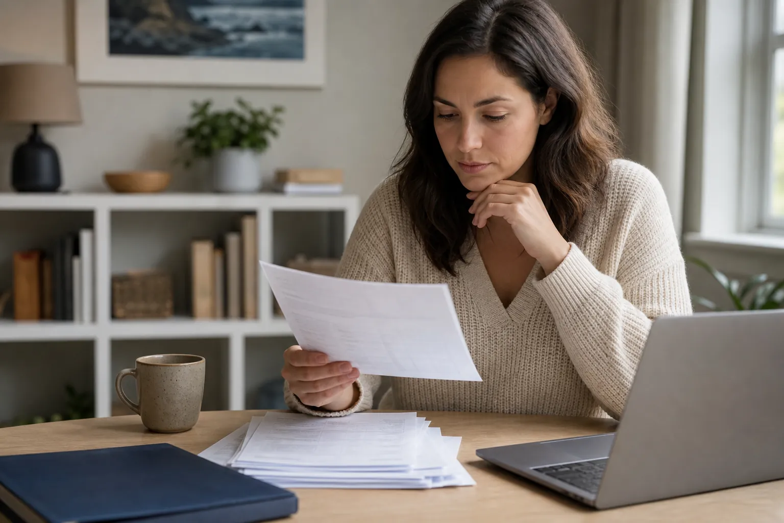 A woman reads a sheet of paper beside a laptop, mug and additional papers.