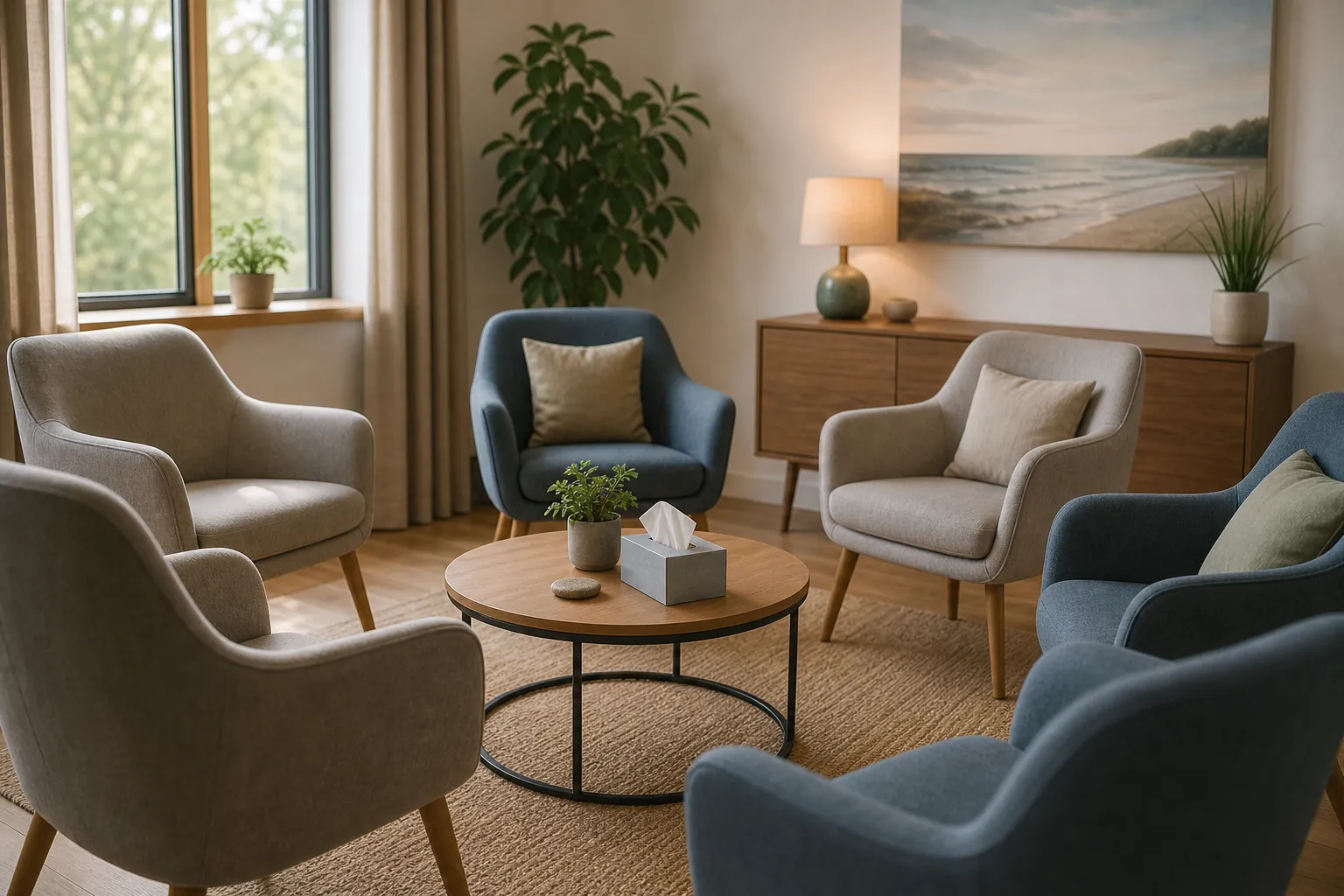 Six empty upholstered armchairs surround a round wooden table with a tissue box, small plant and stone; a lamp, plants and beach artwork decorate the room.