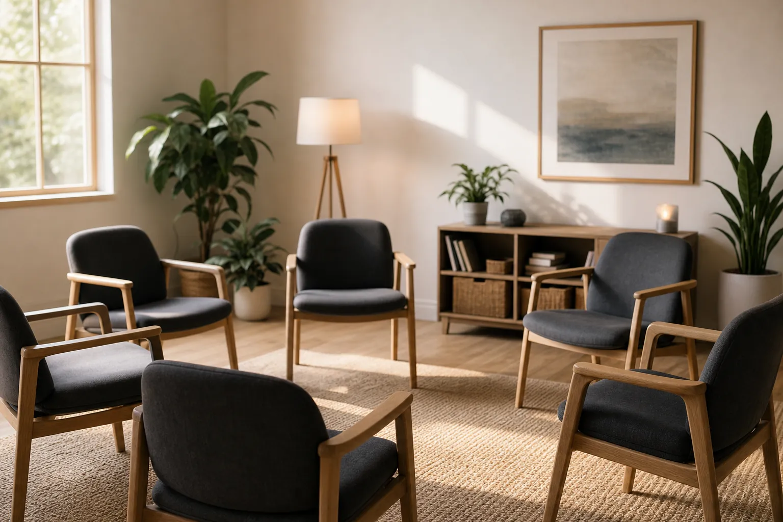 Six dark upholstered wooden armchairs arranged in a circle on a woven rug, with potted plants, a floor lamp, shelving, and framed artwork.