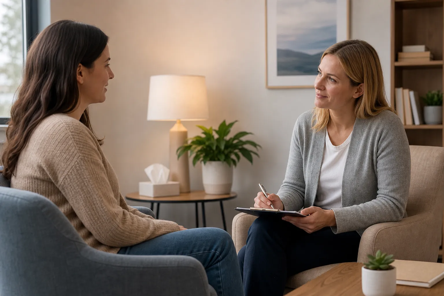 Counseling Conversation in a Comfortable Office Two women sit facing each other in a cozy office, with one holding a pen and clipboard during a counseling conversation.