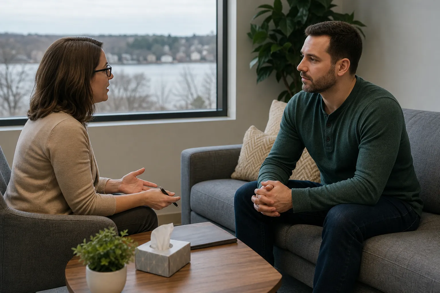 Office Conversation About Mental Health Care A woman holding a pen talks with a man seated on a sofa in an office with tissues and a folder on the coffee table.