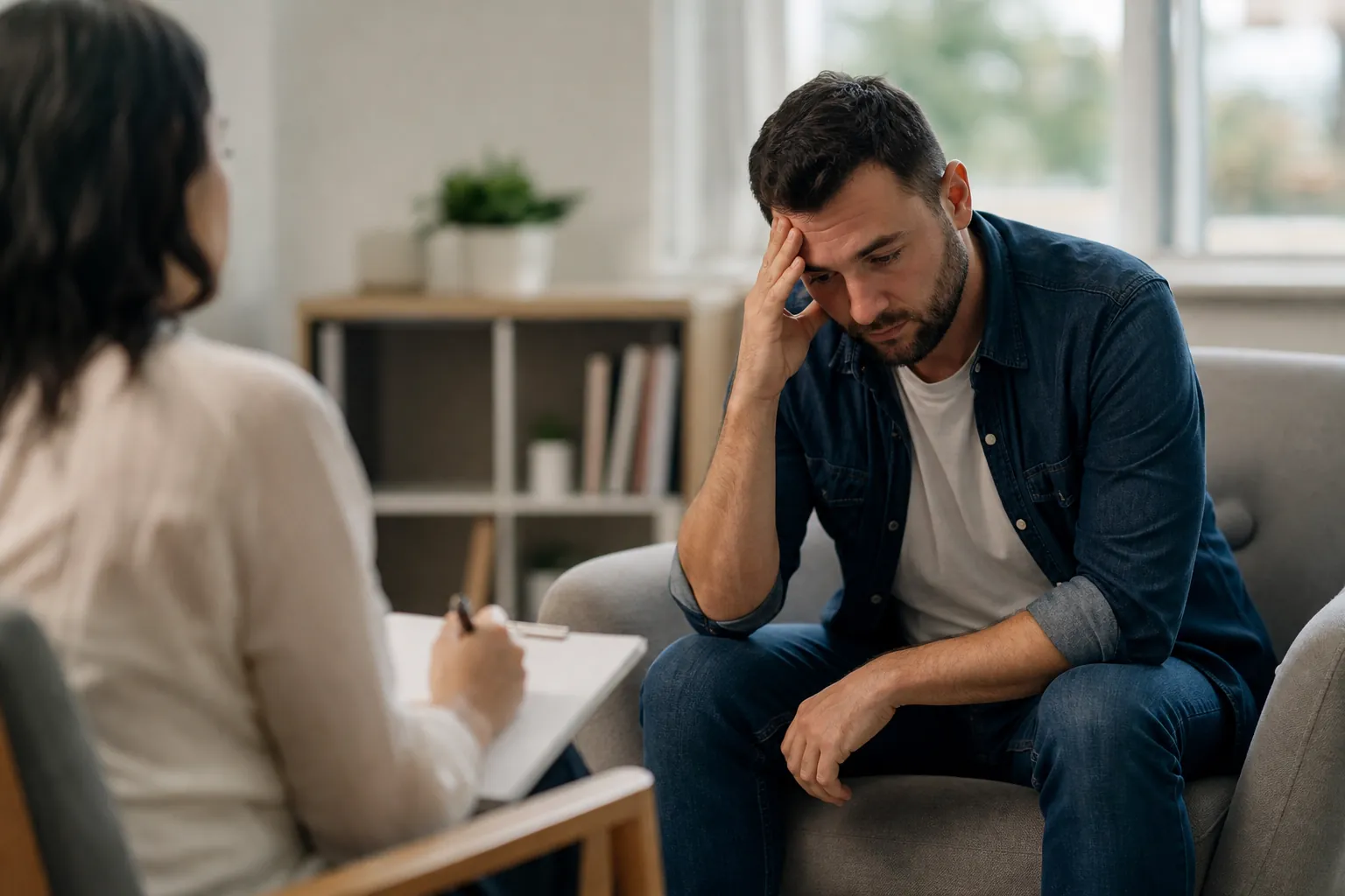 Distressed man discussing symptoms with a clinician A distressed man holds his forehead while speaking with a clinician taking notes in a counseling office.