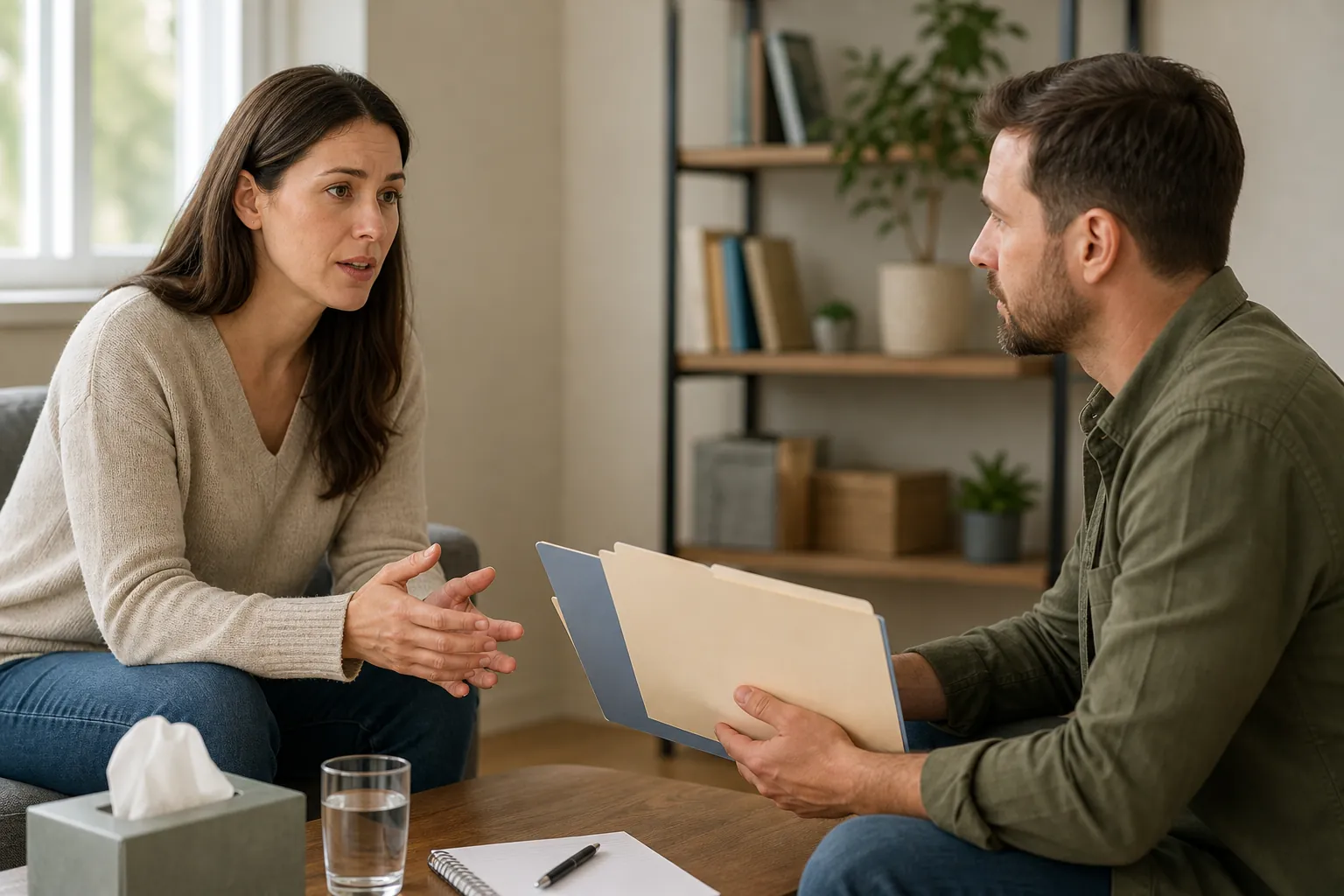 A woman talks with a man holding file folders in an office, with tissues, water and a notebook on the table.