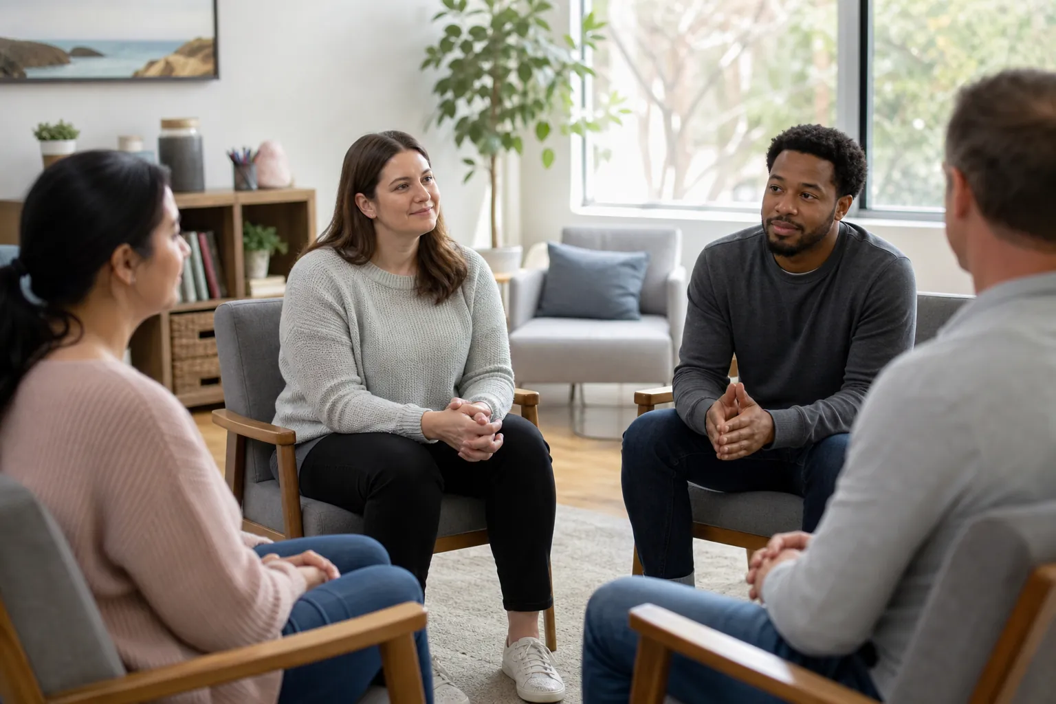Four adults seated in a circle Four adults sit facing one another in a bright room with plants and large windows.