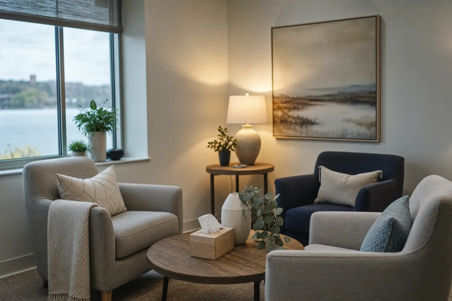Three cushioned armchairs surround a wooden table with tissues and a vase in a softly lit room overlooking water.