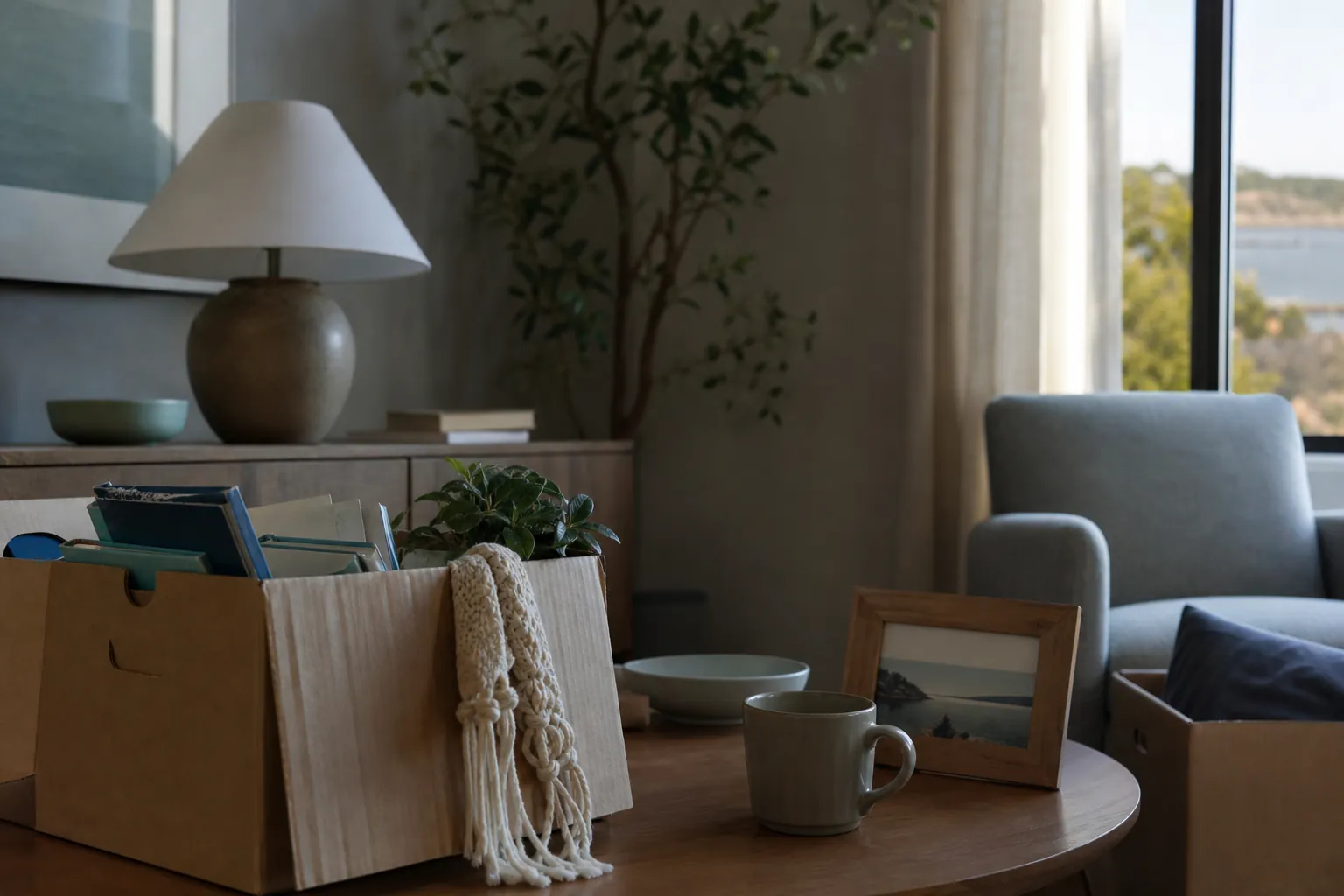 Moving boxes with books, a plant and a knitted throw sit beside a mug and framed landscape on a living room table.
