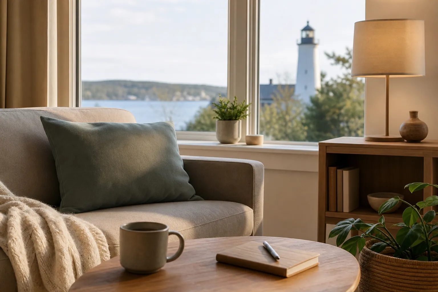 Cozy living room with a sofa, blanket, mug and notebook on a coffee table, plants, and a lighthouse visible through the window.