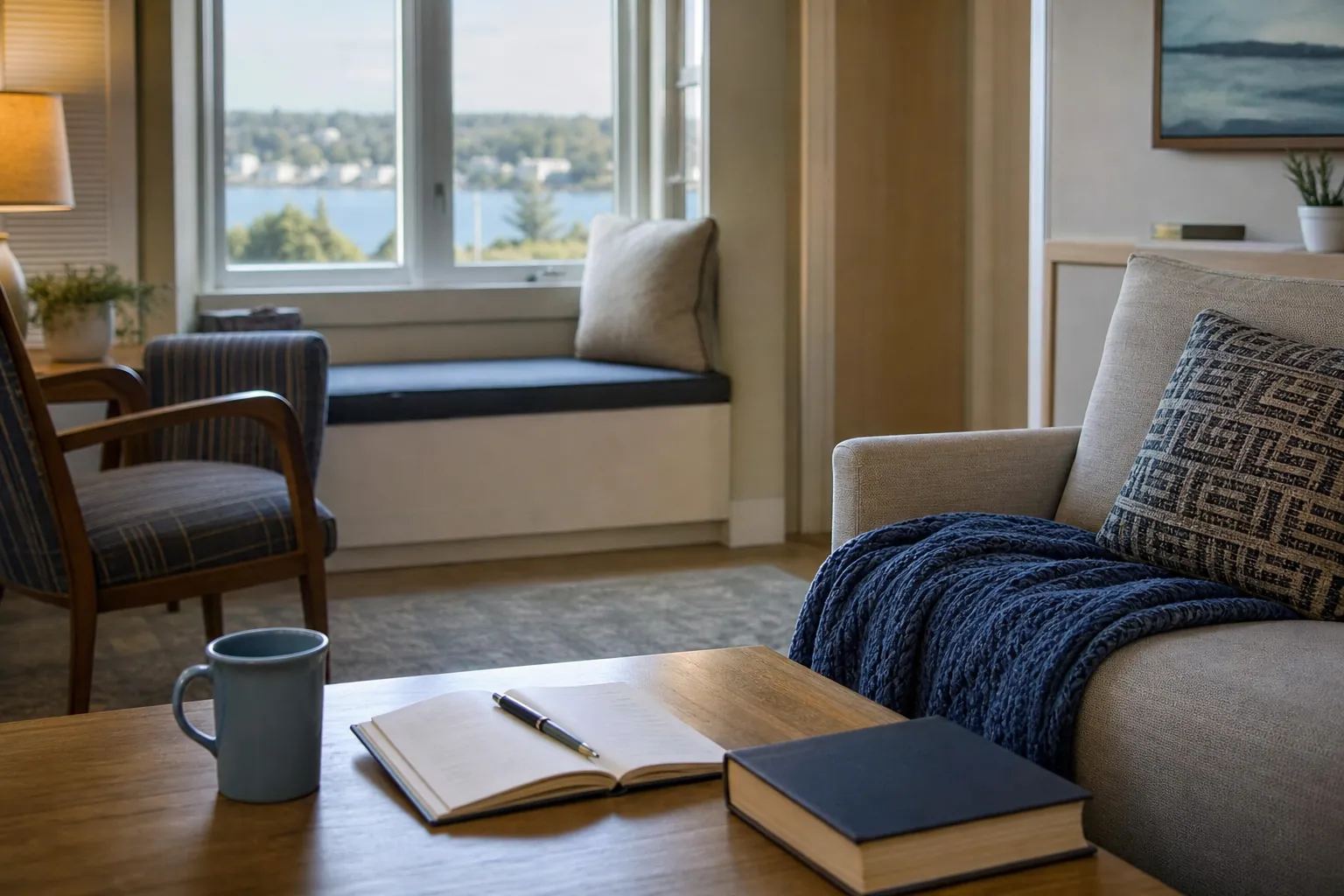 A quiet living room with a mug, open notebook, pen and book on a wooden table beside a sofa draped with a blue blanket.
