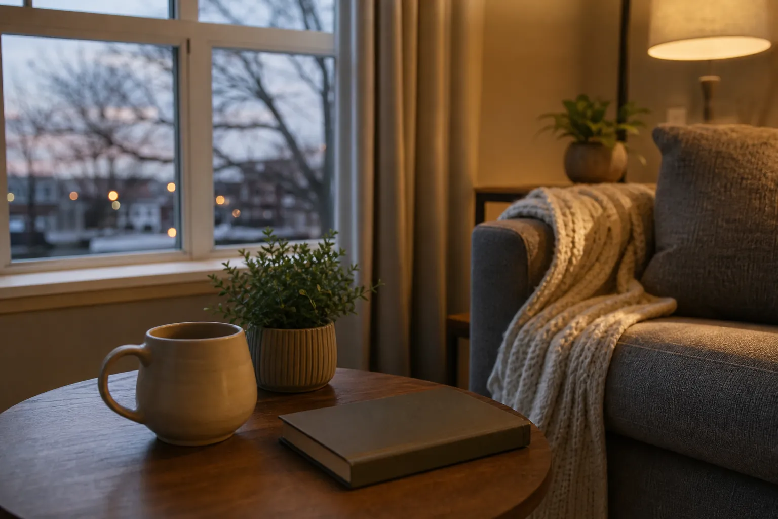 A mug, closed book and potted plant sit on a wooden table beside a gray sofa with a knitted blanket and a warmly lit lamp.