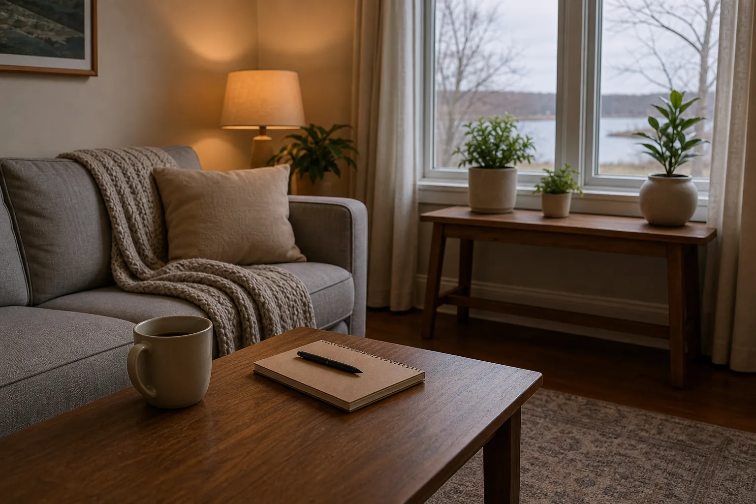 A cozy living room with a gray sofa, knitted throw, glowing lamp, mug and notebook, and potted plants beside a lake-facing window.