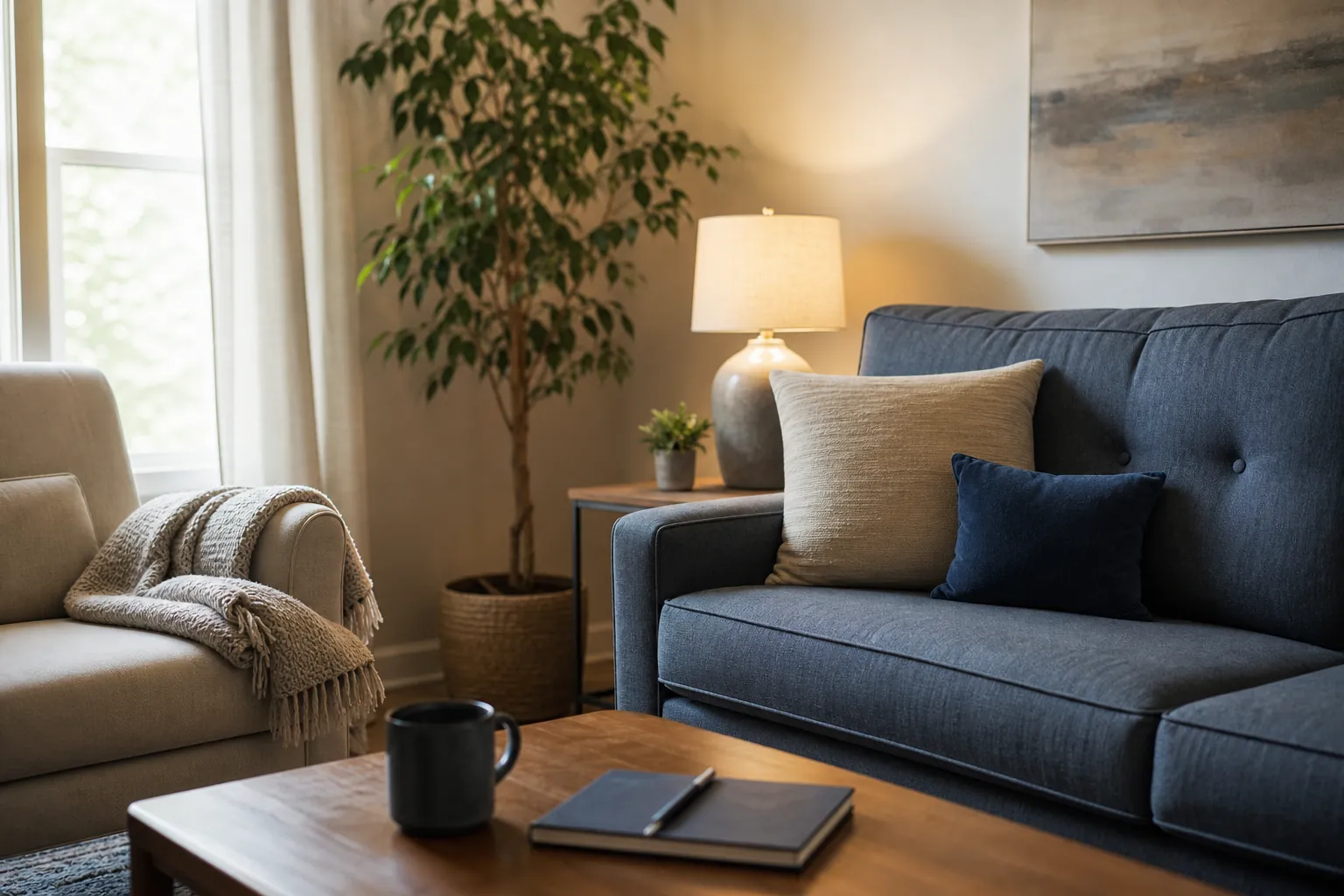 Quiet Living Room With a Notebook and Mug A quiet living room with a blue sofa, beige armchair, potted tree, and a coffee table holding a mug, notebook, and pen.