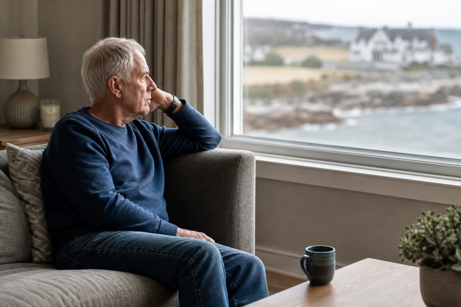 Older Man Sitting Alone Beside a Coastal Window An older man in a blue sweater sits alone on a sofa, resting his head on one hand and gazing out at a coastal view.