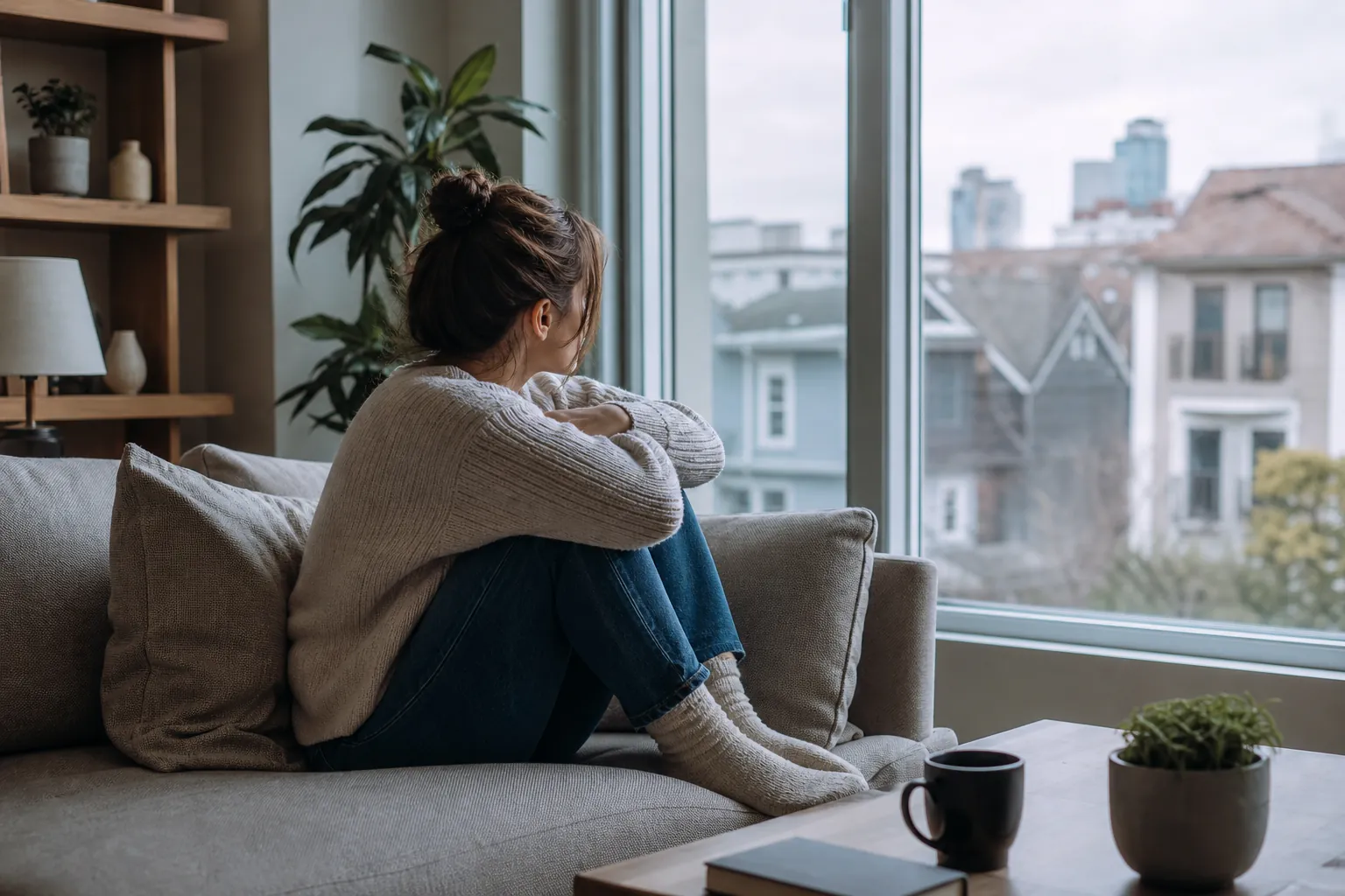 A woman sits alone on a gray sofa with her knees drawn up, looking out a large window at neighboring buildings.