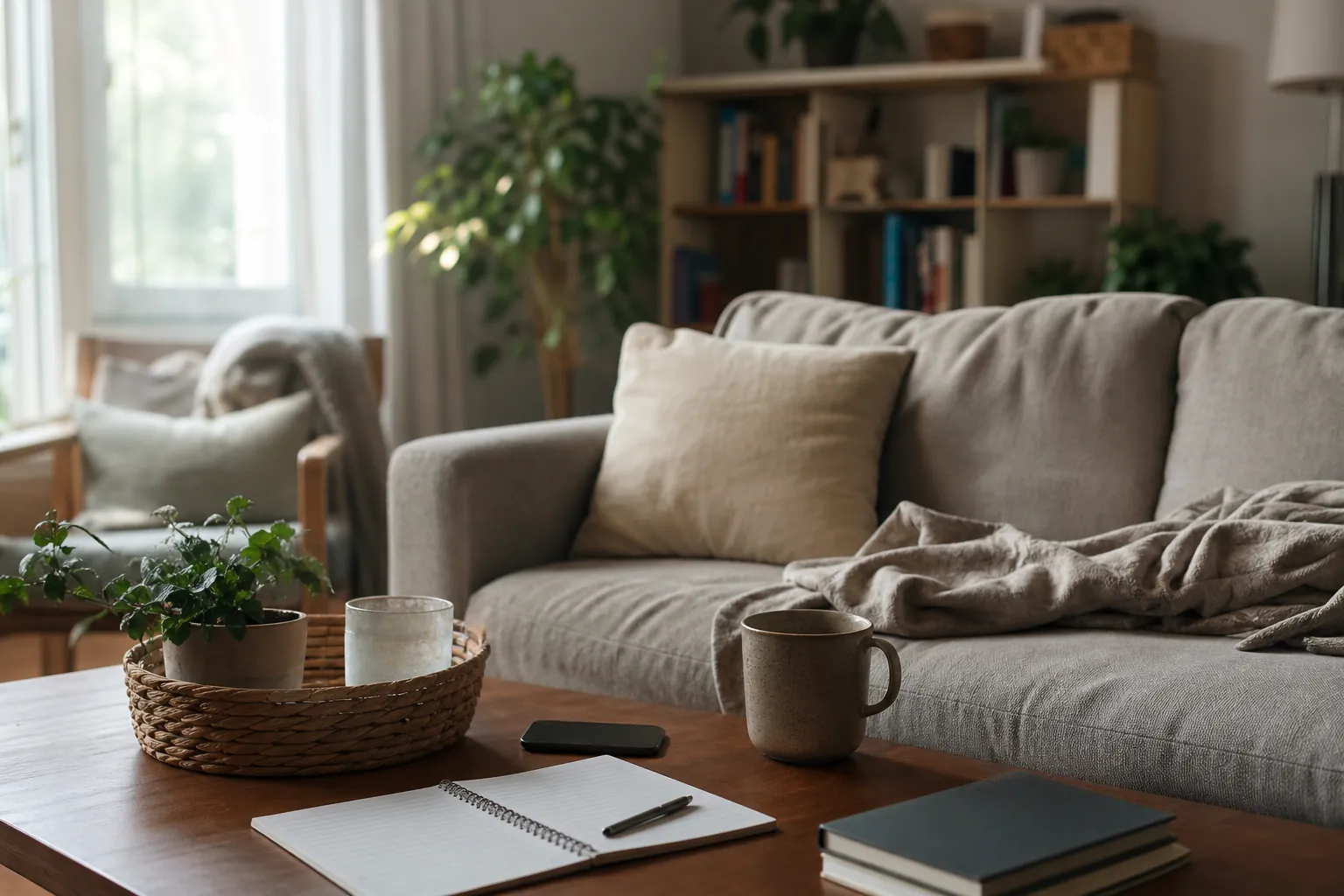 Quiet Living Room With Notebook and Coffee Table An open notebook, pen, phone, mug, and stacked books sit on a wooden coffee table in front of a sofa with a draped blanket.