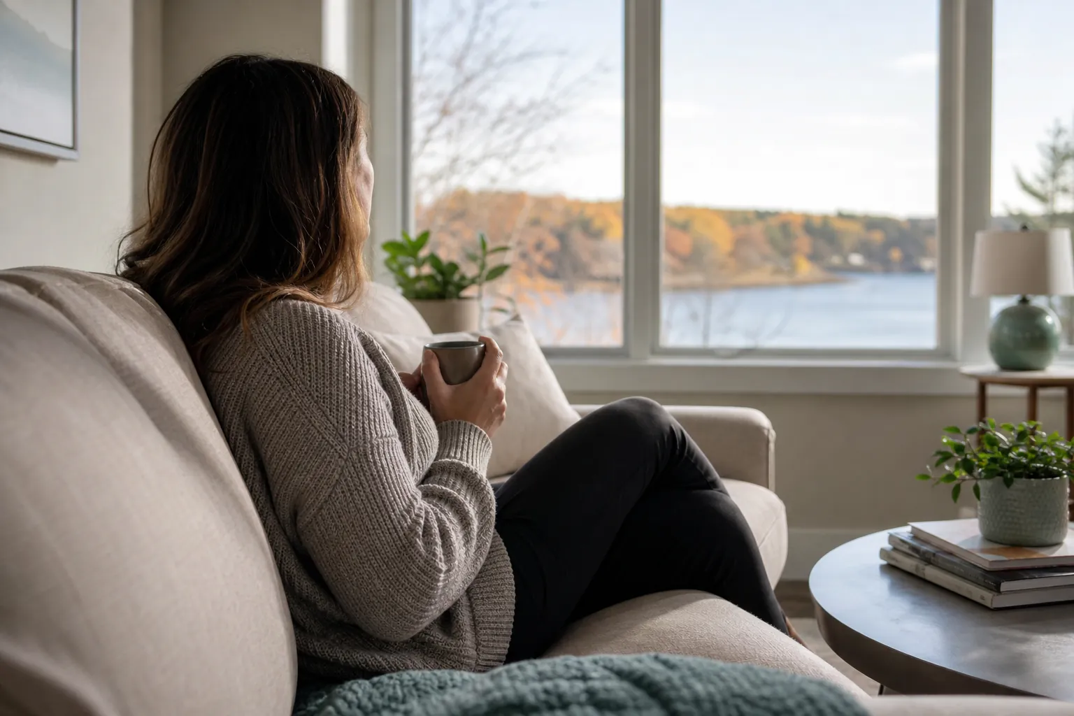 Quiet Moment on a Sofa Overlooking a Lake A woman in a knit sweater sits on a beige sofa holding a mug and looking through large windows toward a lake and autumn trees.