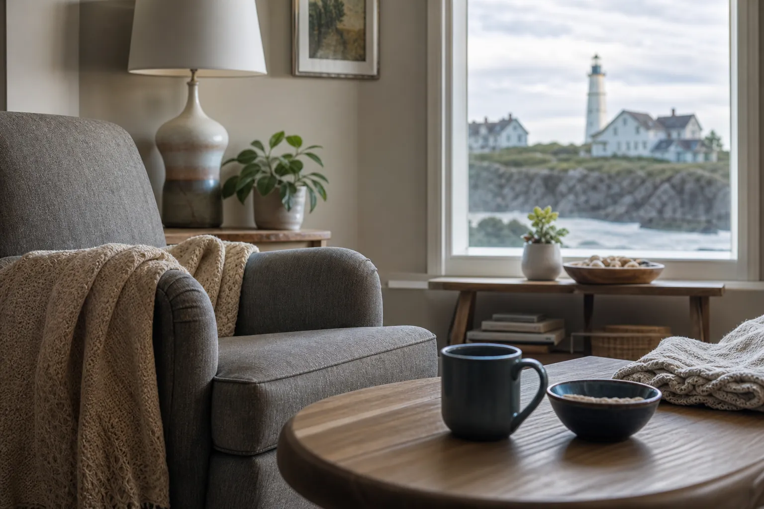 Quiet Sitting Room Overlooking a Coastal Lighthouse A gray armchair with a knitted throw beside a wooden table with a mug and bowl, overlooking a coastal lighthouse through a window.