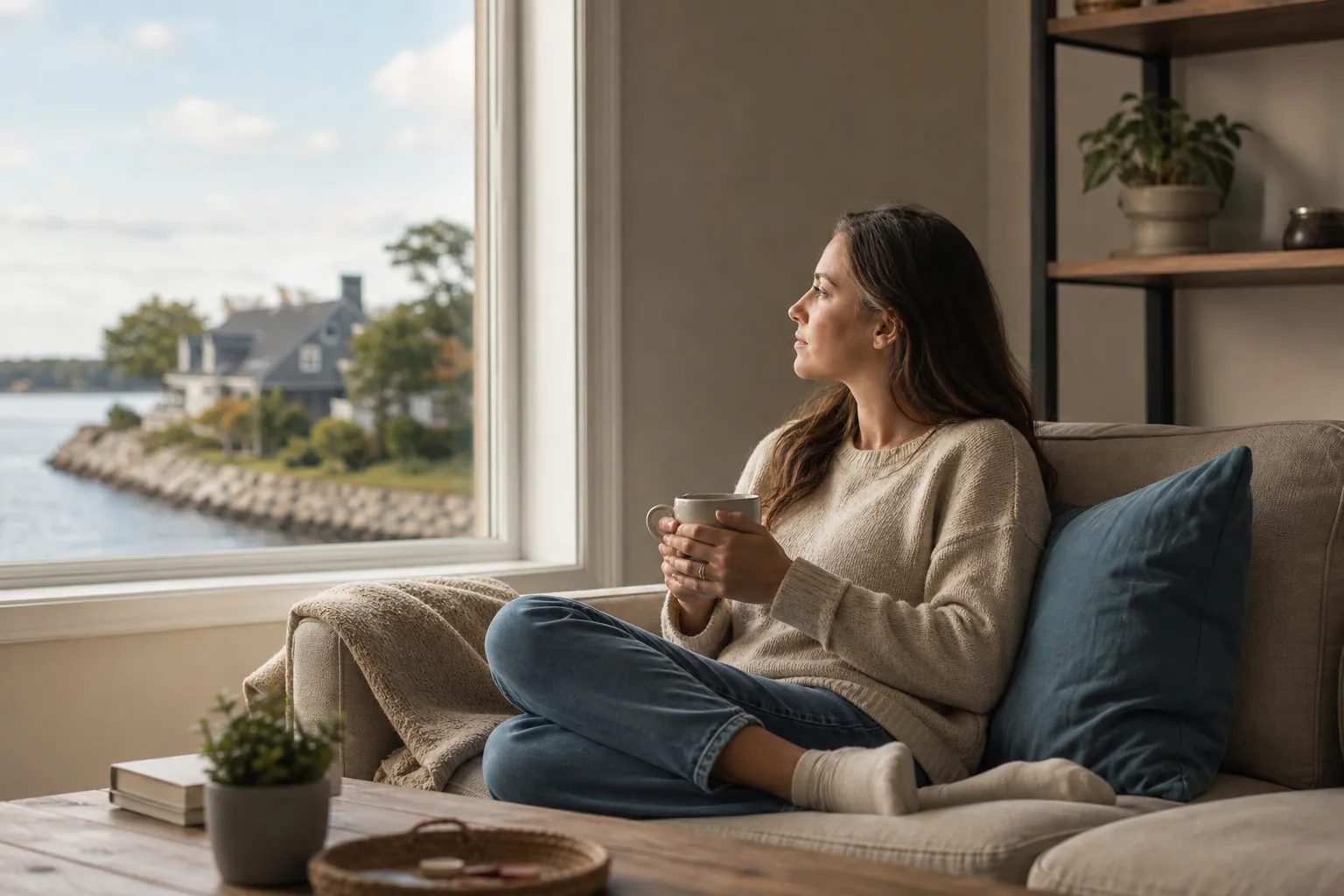 Woman Relaxing on a Sofa Beside a Waterfront Window A woman sits cross-legged on a sofa, holding a mug and looking through a large window toward waterfront homes.