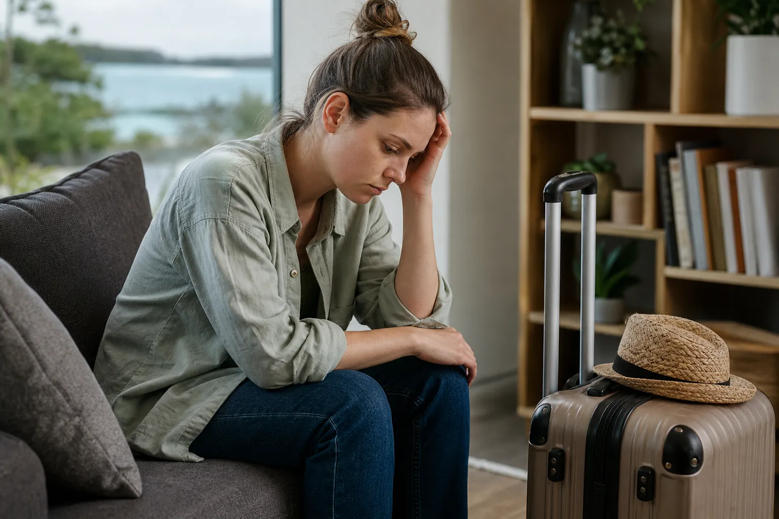 Downcast Woman Sitting Beside Travel Luggage A downcast woman sits on a gray sofa with one hand against her forehead beside a suitcase topped with a straw hat.