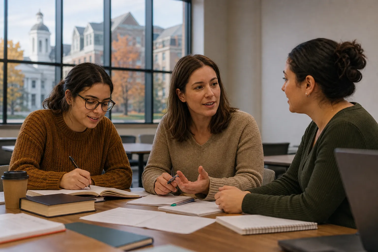 Three women sit around a table with books, notebooks, and a laptop, writing and talking beside large campus-facing windows.