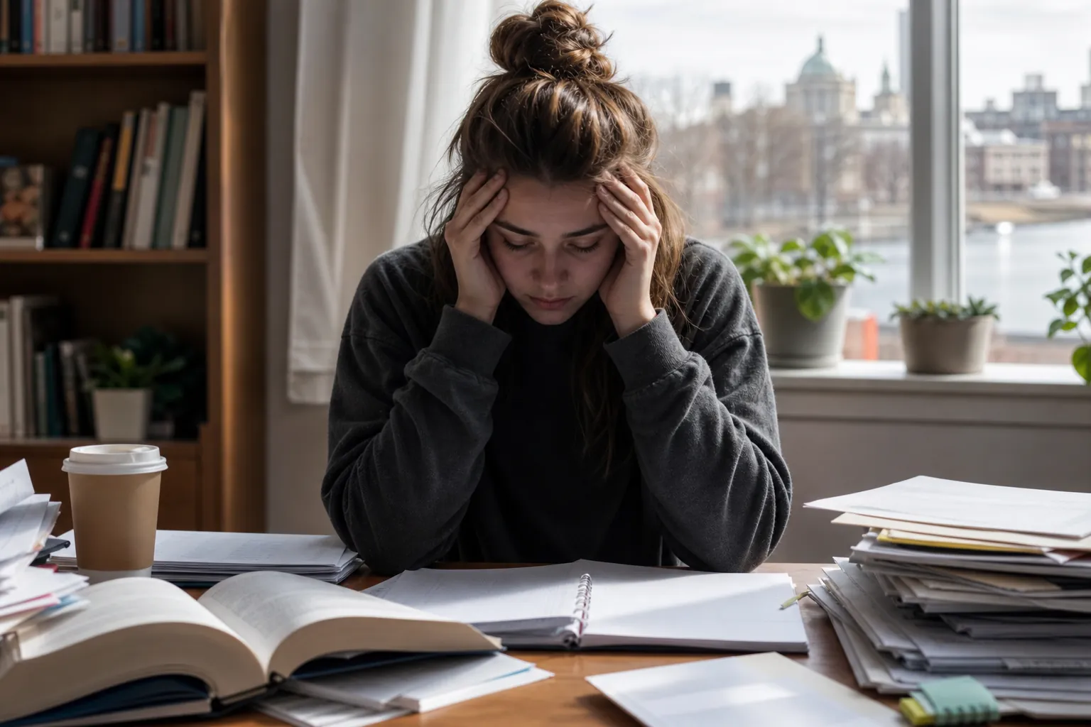 A woman holds her temples while looking down at an open binder, surrounded by books and stacks of papers at a desk.