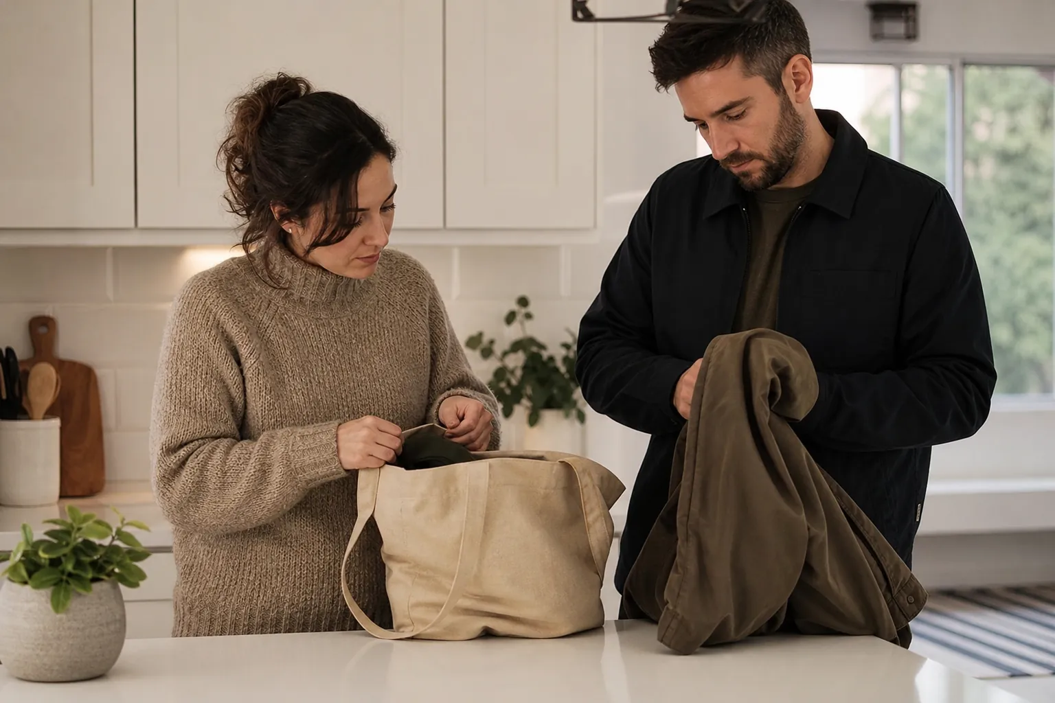 Two Adults With a Tote Bag and Jacket in a Kitchen A woman checks a beige tote bag while a man holds an olive jacket beside her at a white kitchen counter.