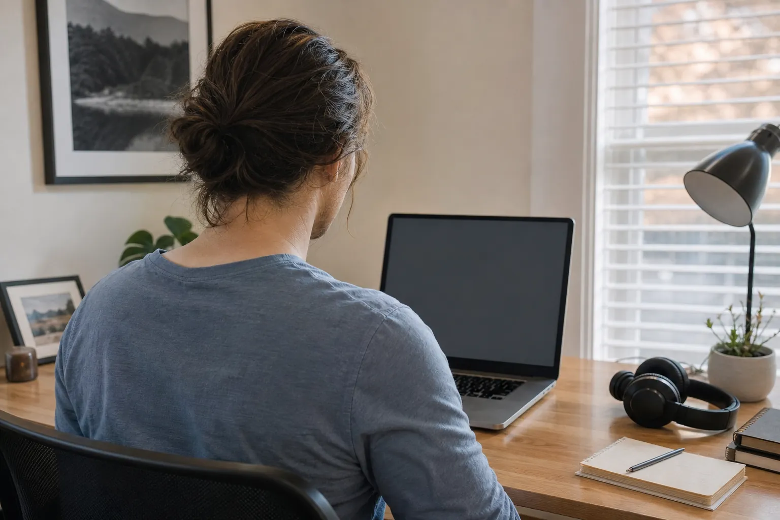 Person Seated at a Desk Facing a Blank Laptop A person with hair in a bun sits at a wooden desk facing a blank laptop, with headphones, a notebook, and a lamp nearby.