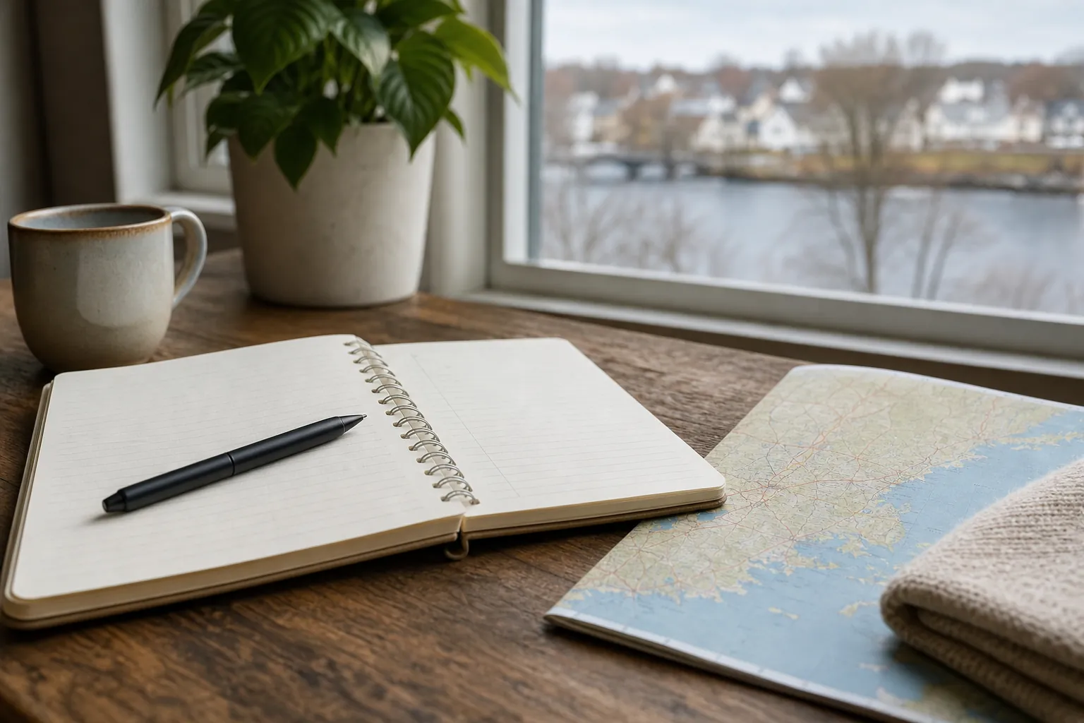 An open lined notebook with a black pen, a map, a ceramic mug, a potted plant, and folded knit fabric on a wooden table beside a window.