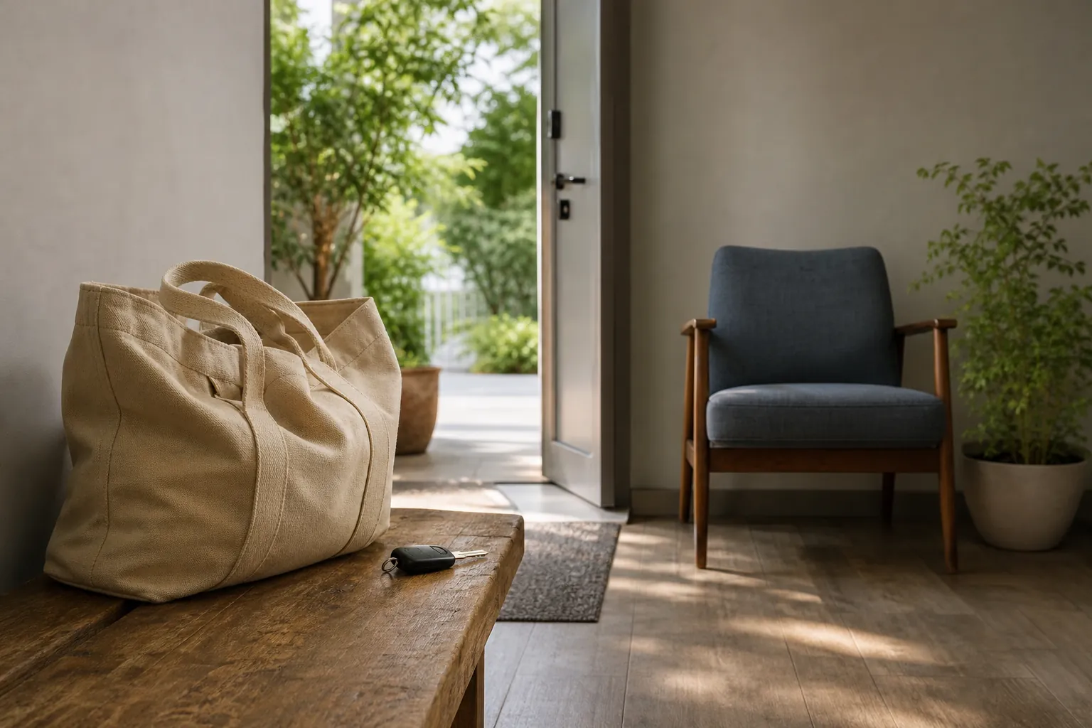 A beige canvas tote and keys rest on a wooden bench beside an open door, with a blue armchair and potted plants nearby.