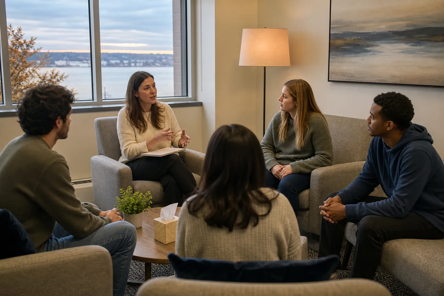 Group Discussion in a Warmly Lit Waterfront Room Five adults sit in a group discussion in a warmly lit room with large windows overlooking water beneath an overcast sky.