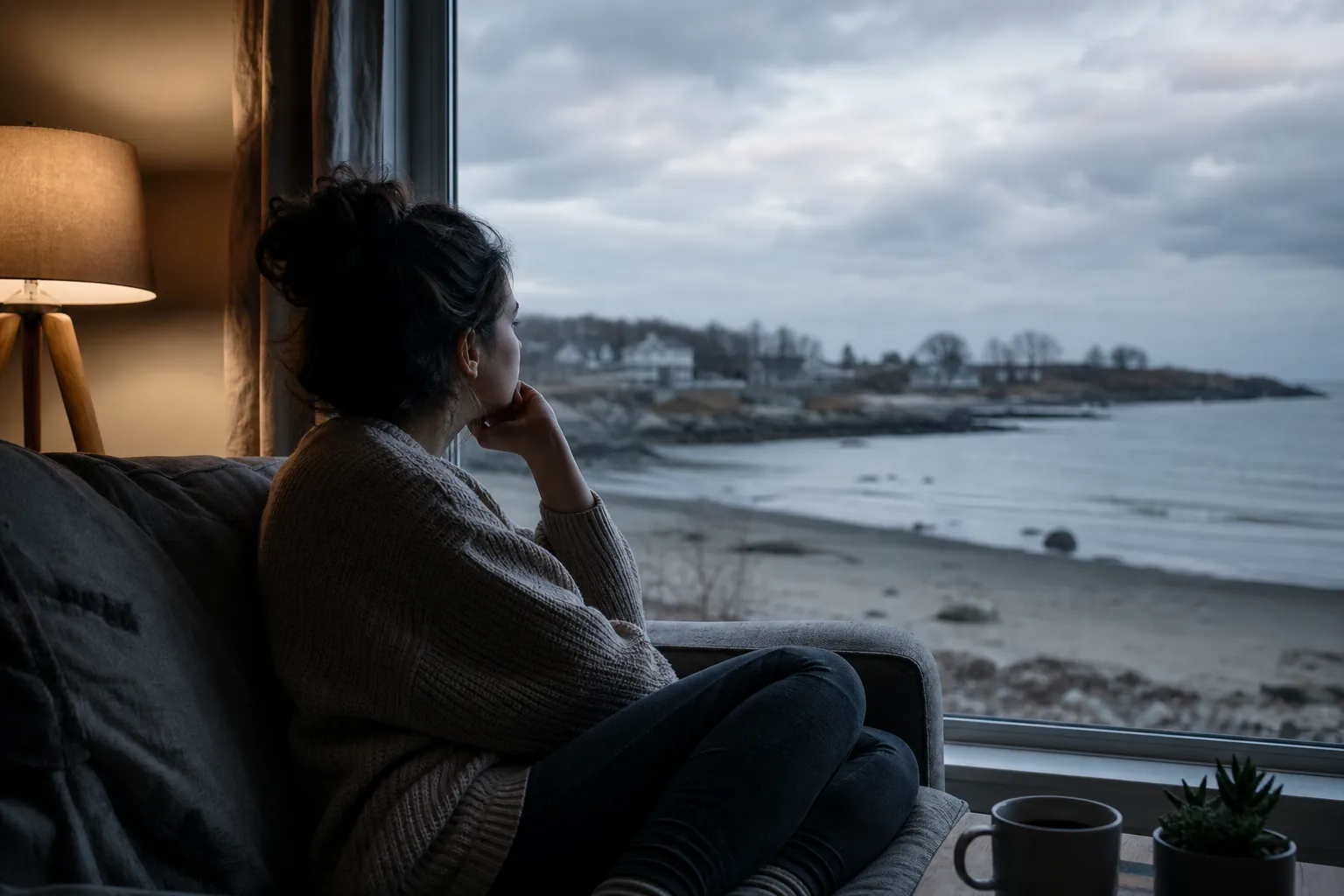 Quiet Reflection by a Window on a Cloudy Day A woman sits curled up on a sofa beside a lit lamp, gazing through a large window at a cloudy shoreline.