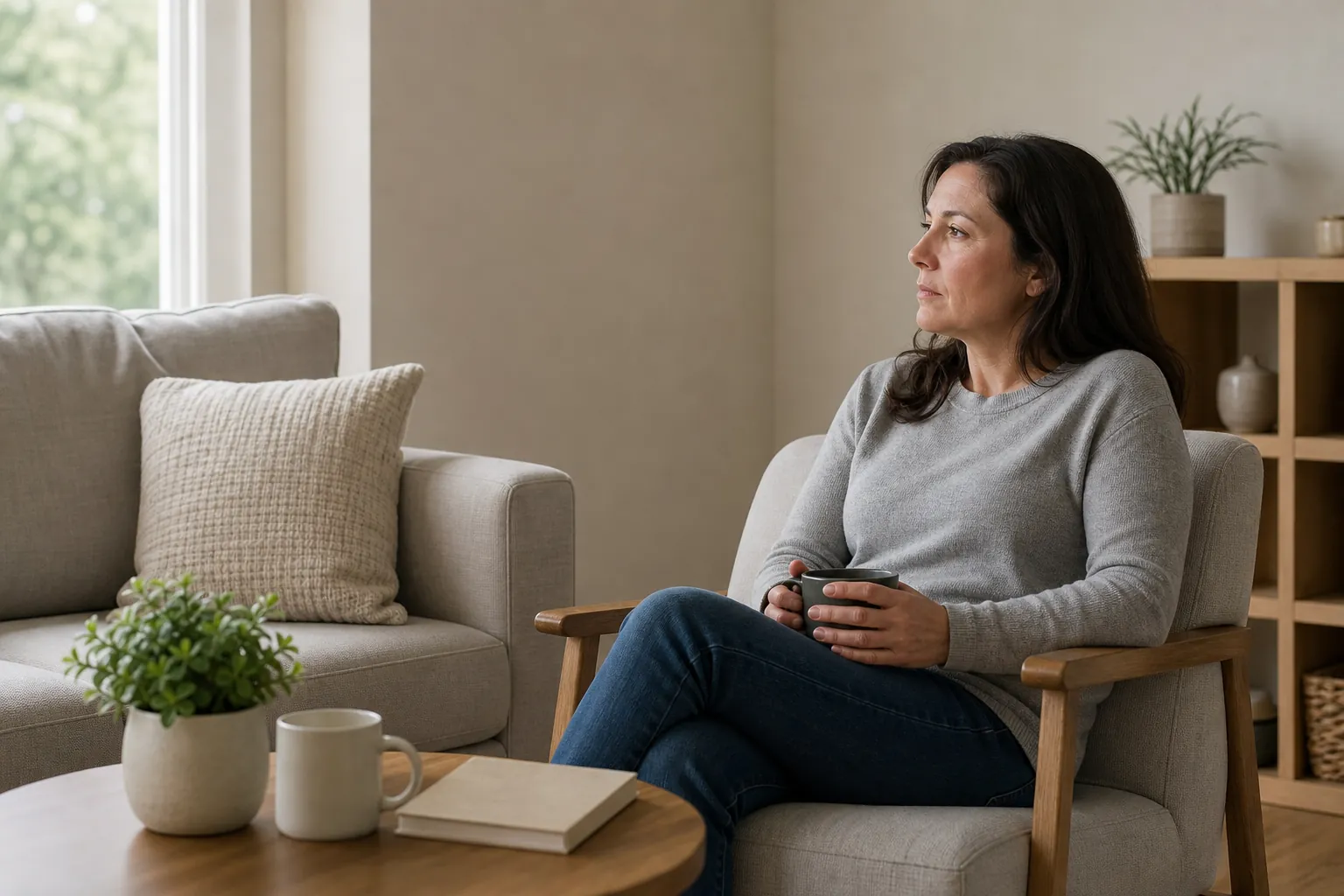 A woman in a gray sweater sits in an armchair holding a dark mug and gazing toward a window in a quiet living room.
