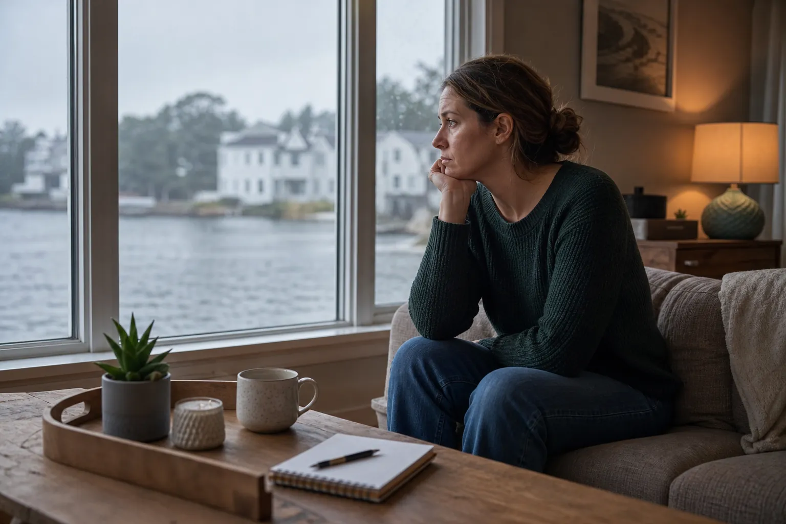 A woman sits on a sofa with her chin resting on her hand, gazing through a large window overlooking the water.