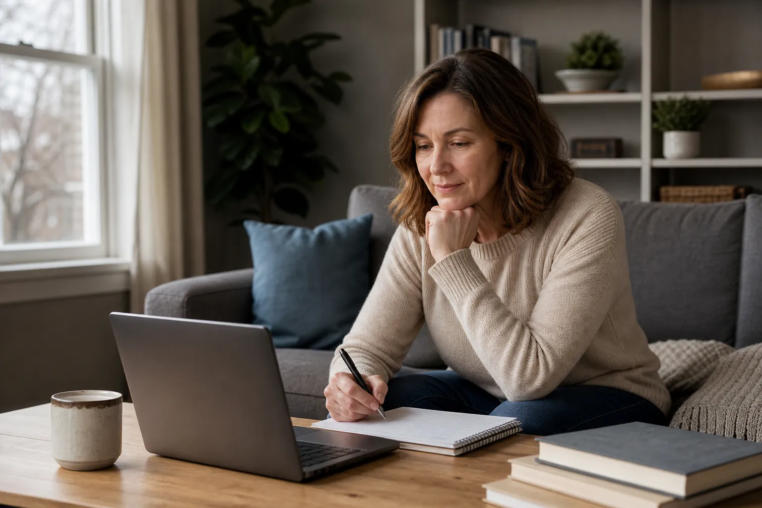 A woman sits on a gray sofa, resting her chin on one hand while writing in a notebook beside an open laptop and mug.