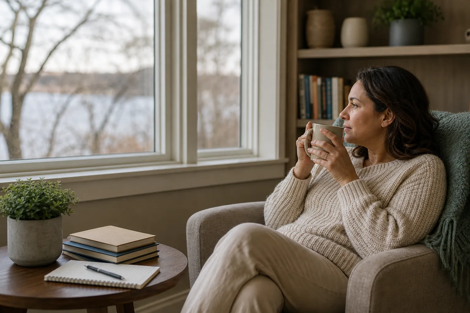 A woman in a knit sweater holds a mug in an armchair by a window, beside a table with books, a notebook, and a plant.