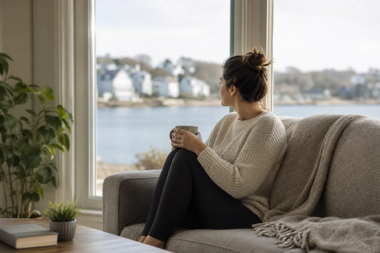 Quiet Moment With a Mug by a Waterfront Window A woman in a cream sweater sits curled up on a gray sofa, holding a mug and looking through a large window toward the water.