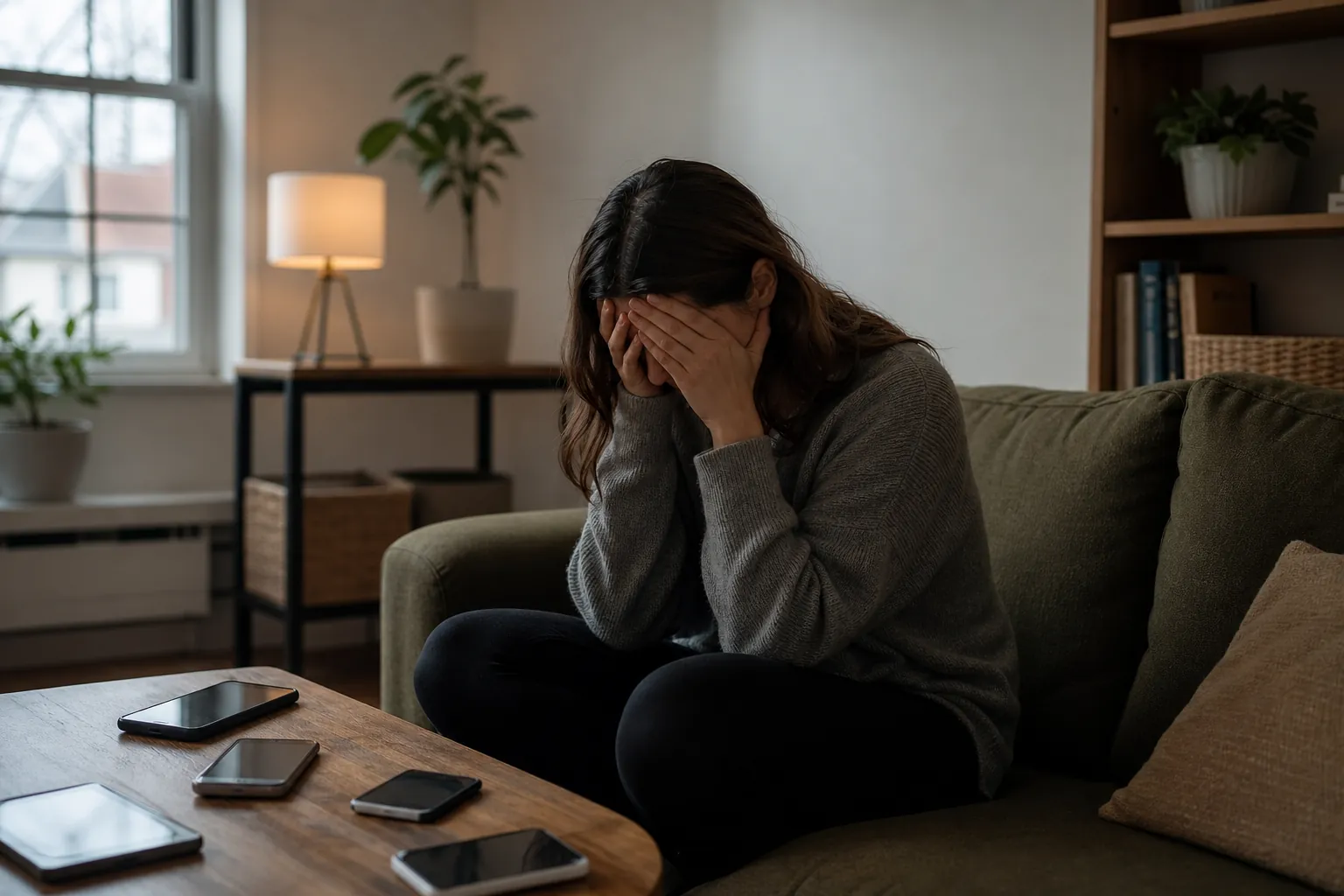 Person Covering Their Face Beside Five Smartphones A person sits hunched on a green sofa with their face covered by both hands, beside five smartphones on a wooden table.