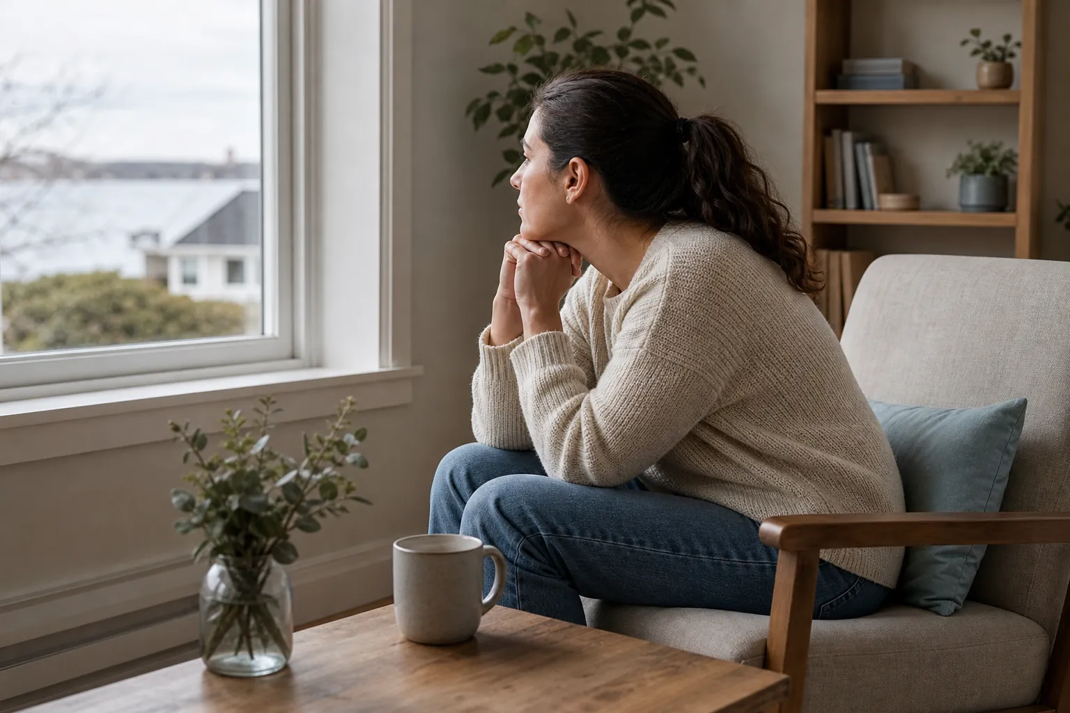 A woman in a knit sweater sits in an armchair, resting her chin on clasped hands and looking out a window.