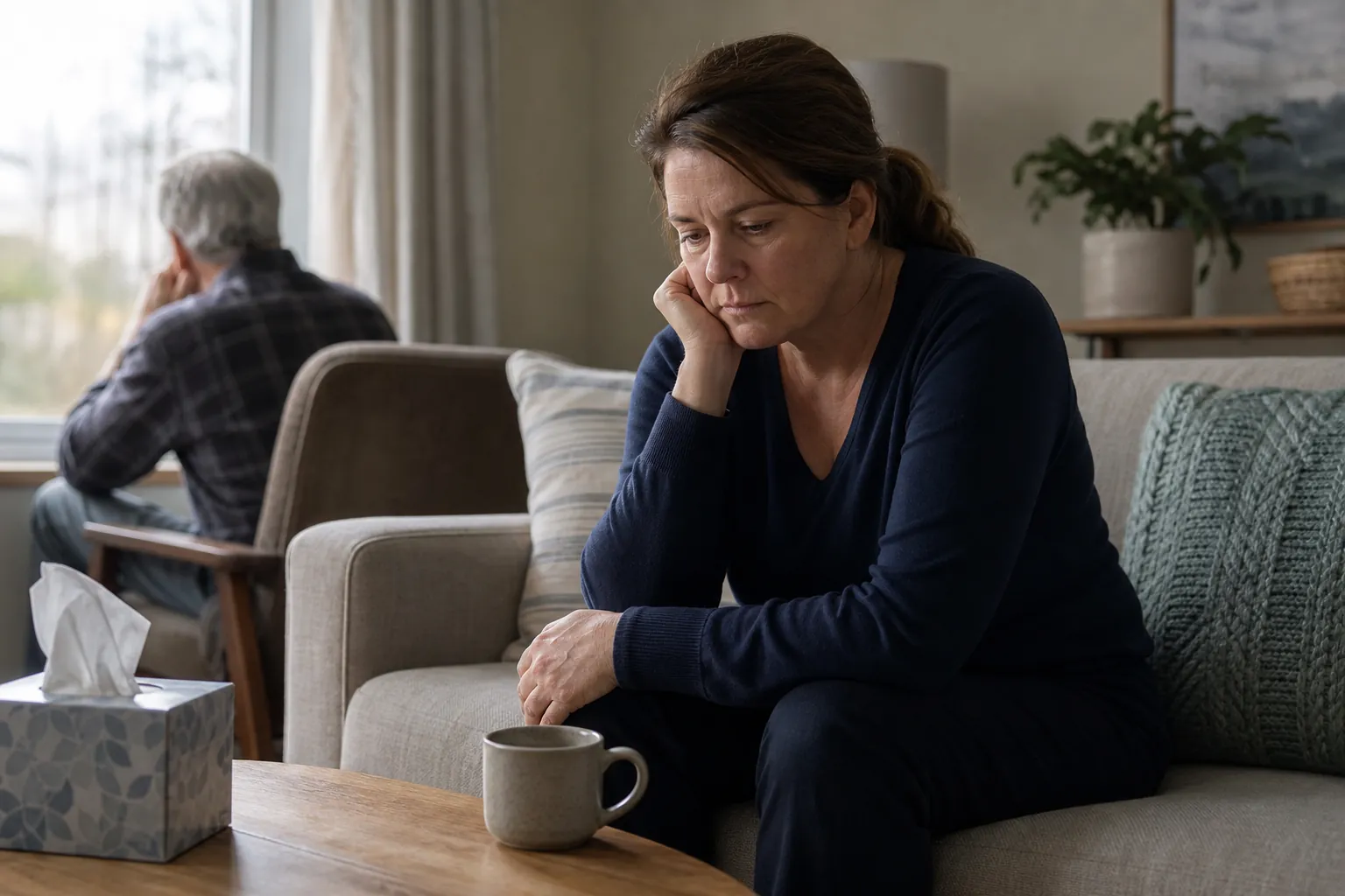 A downcast woman sits on a sofa with her cheek resting on her hand while an older man sits facing a window behind her.