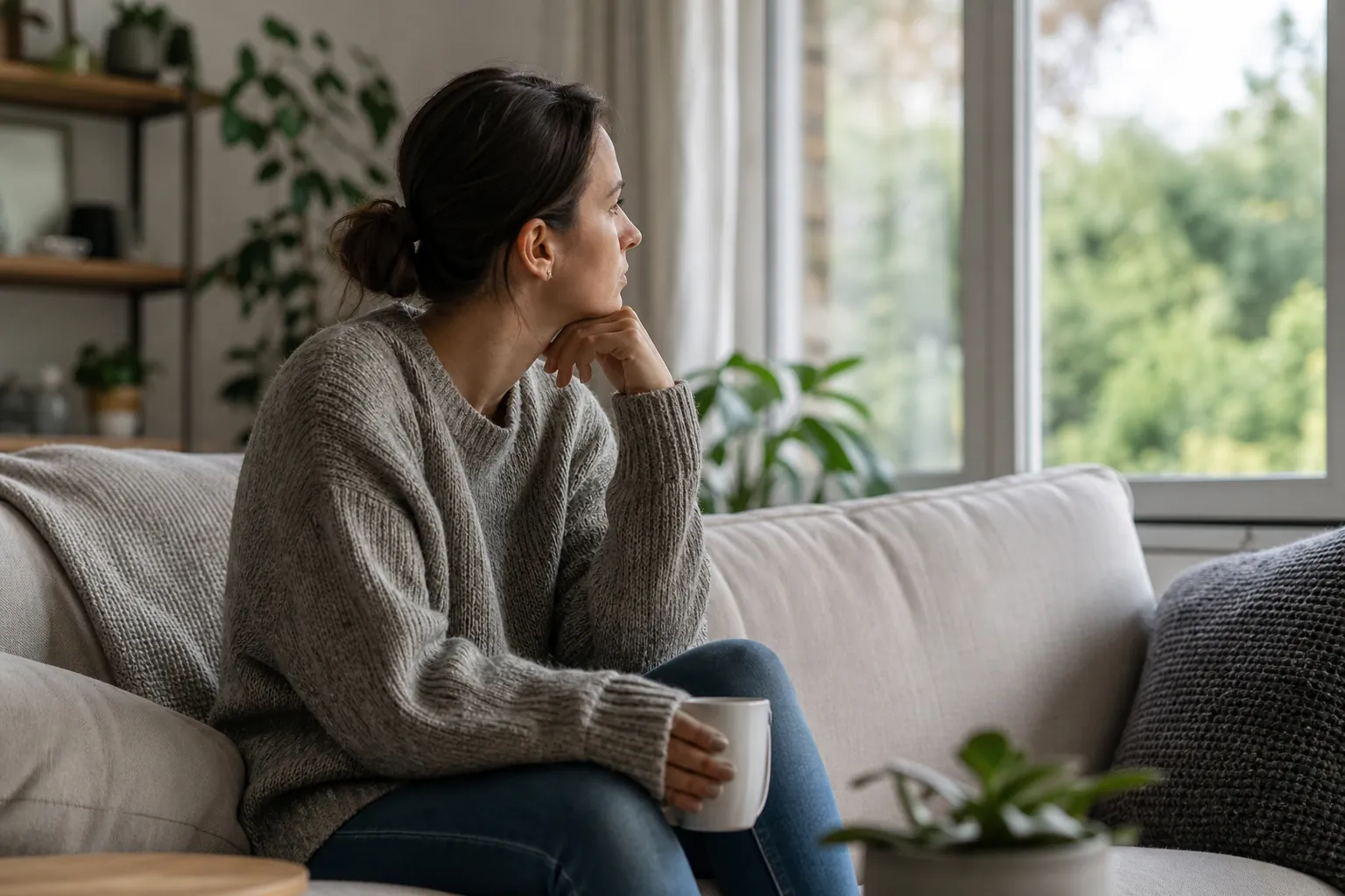 Woman Sitting Thoughtfully by a Window A woman in a gray sweater sits on a sofa holding a white mug, resting her chin on her hand and looking out a window.