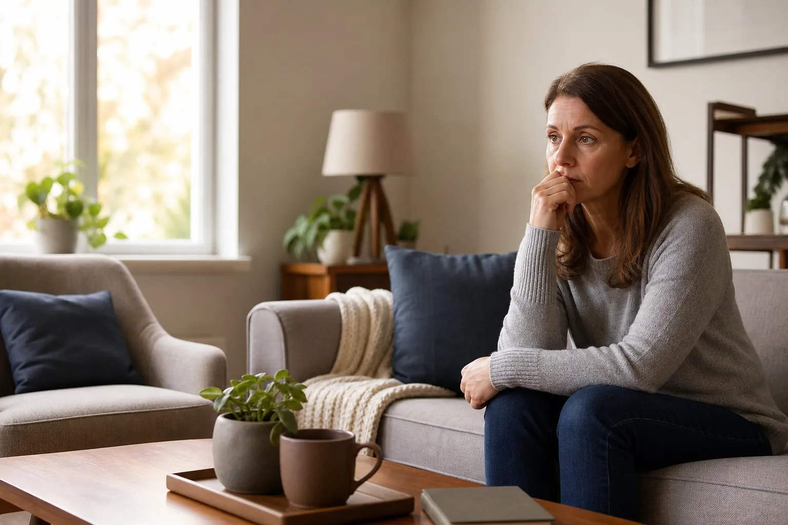 Worried Woman Sitting on a Living Room Sofa A worried-looking woman sits forward on a living room sofa with one hand against her mouth, beside a coffee table.
