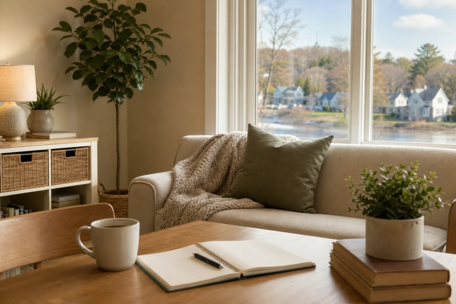 A sunlit living room with a sofa, knit blanket, plants, and a wooden table holding an open notebook, pen, mug, and books.