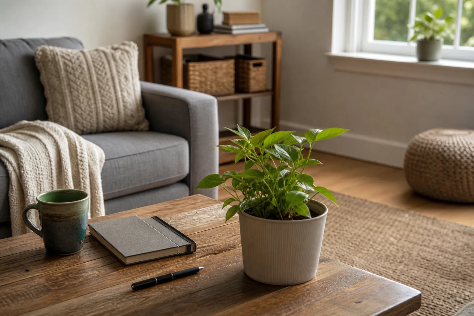 A wooden coffee table holds a potted plant, mug, notebook and pen beside a gray sofa with a knitted pillow and blanket.