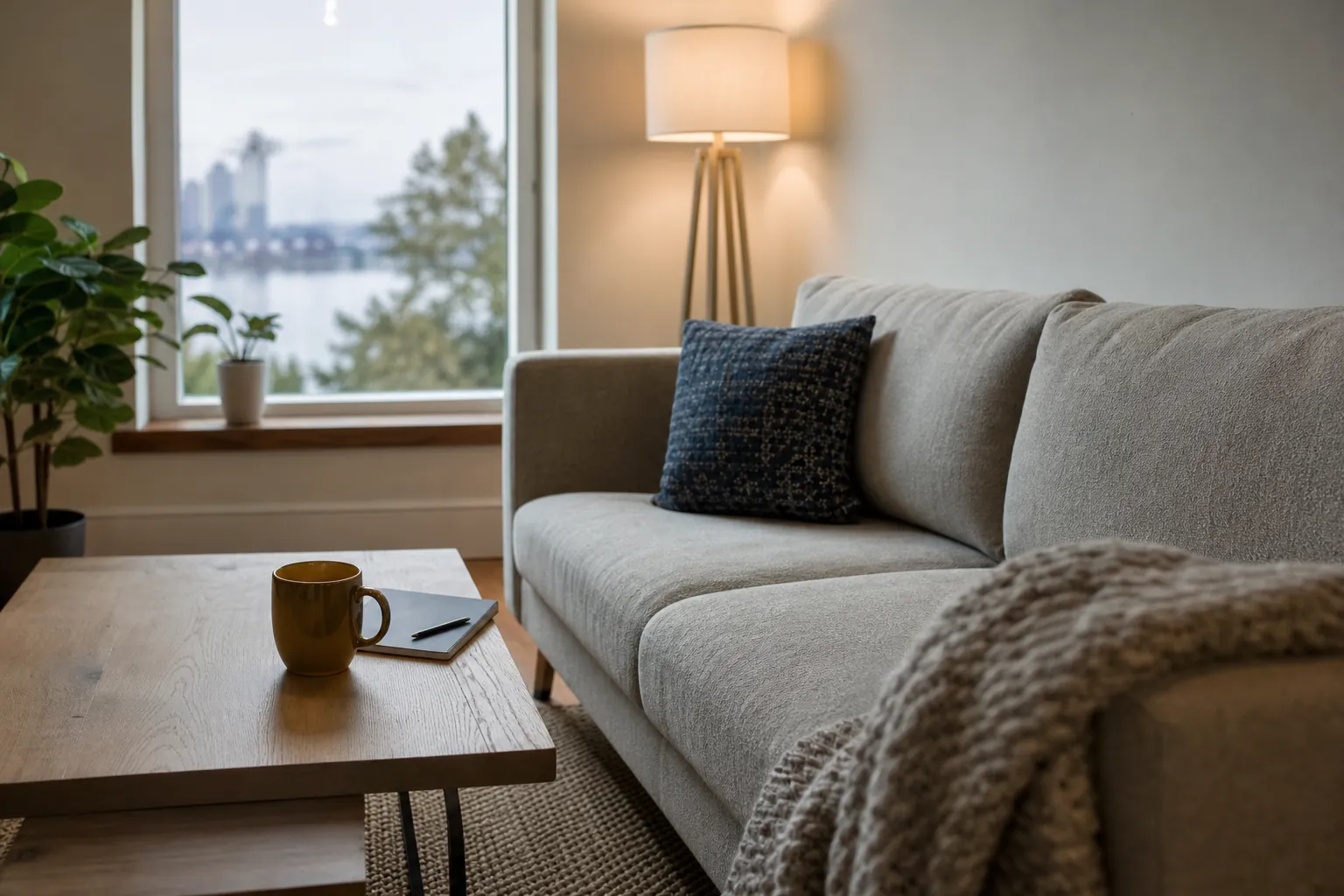 A gray sofa with a dark cushion and knit throw faces a wooden table with a mug and notebook beside a window and floor lamp.