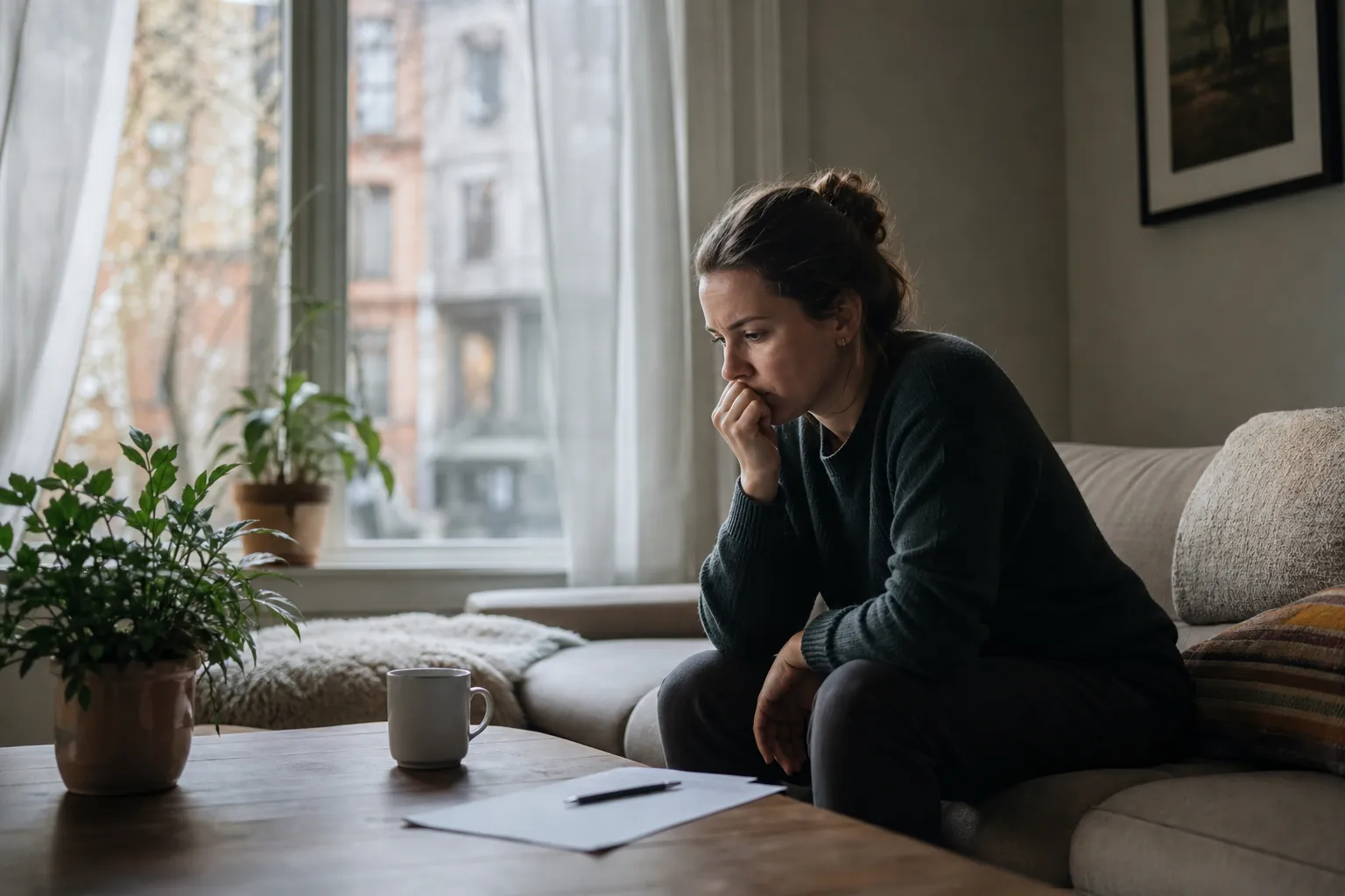 A pensive woman leans forward on a sofa with her hand near her mouth, beside a coffee table with a mug, paper and pen.