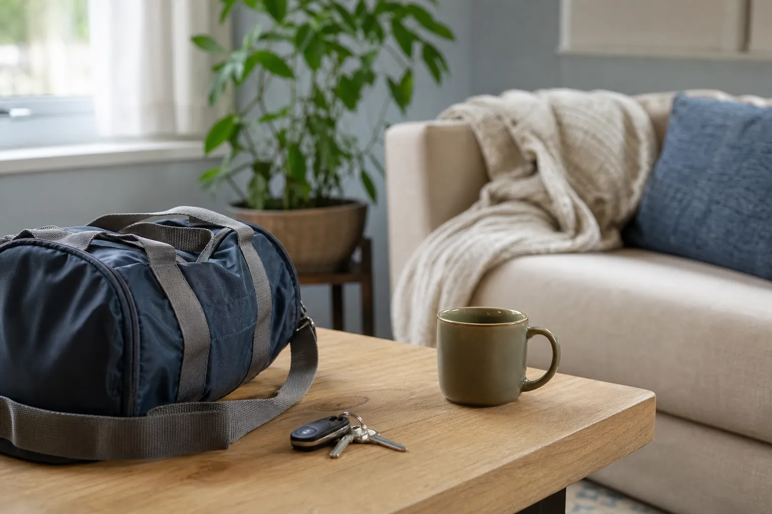 A navy duffel bag, car keys, and an olive mug sit on a wooden coffee table beside a cream sofa and a potted plant.