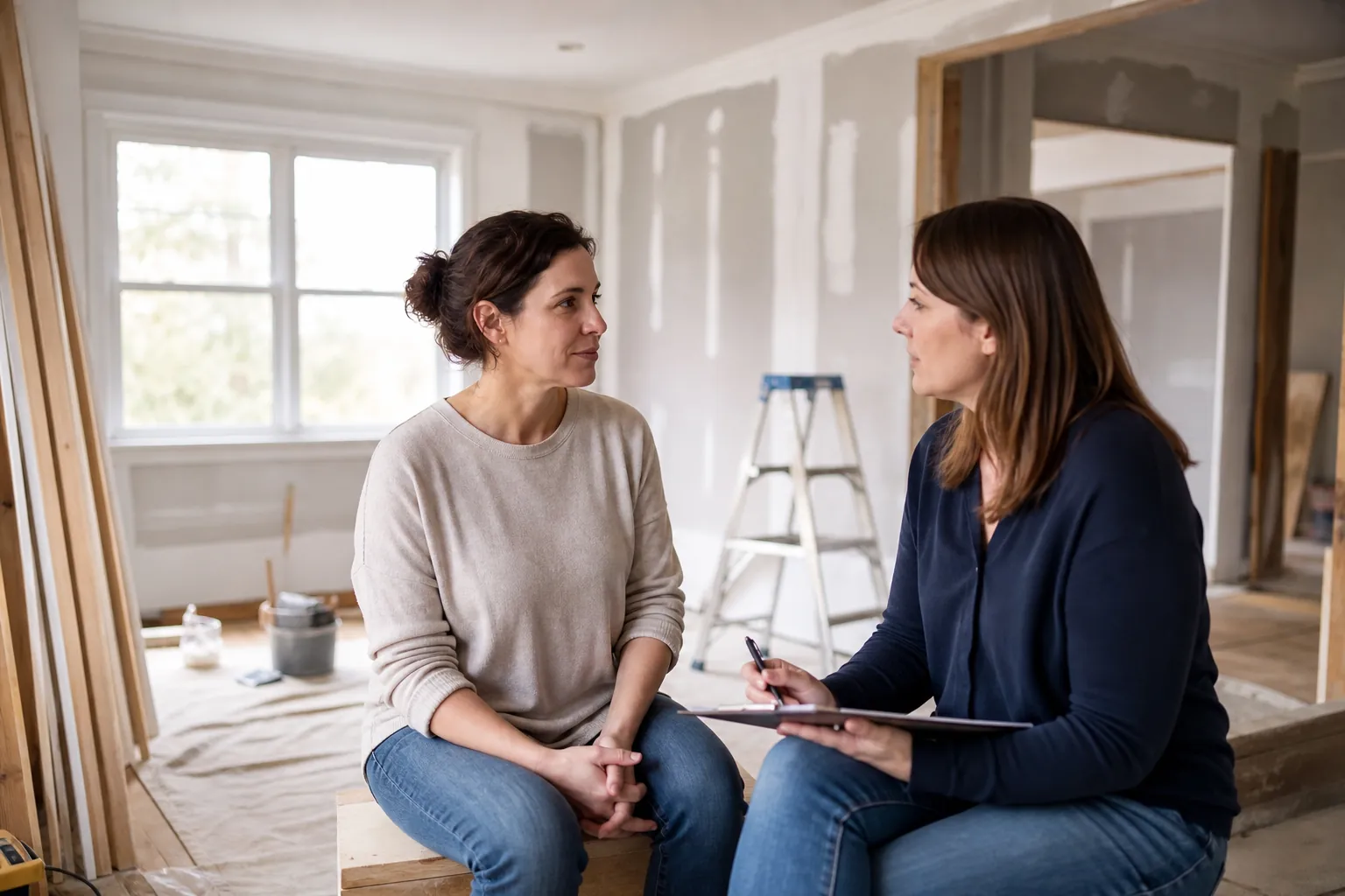 Two women sit facing each other in a room under renovation, one holding a clipboard and pen, with unfinished walls and a ladder behind them.