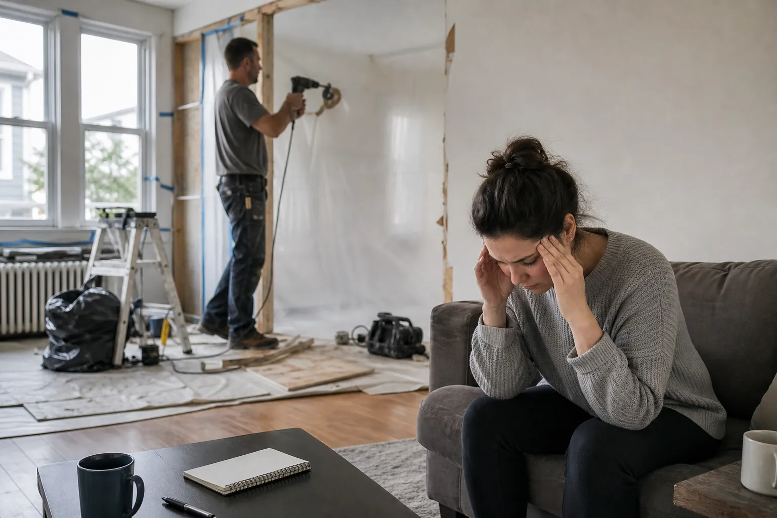 A woman sits on a sofa holding her temples while a worker uses a power tool on an unfinished wall behind her.