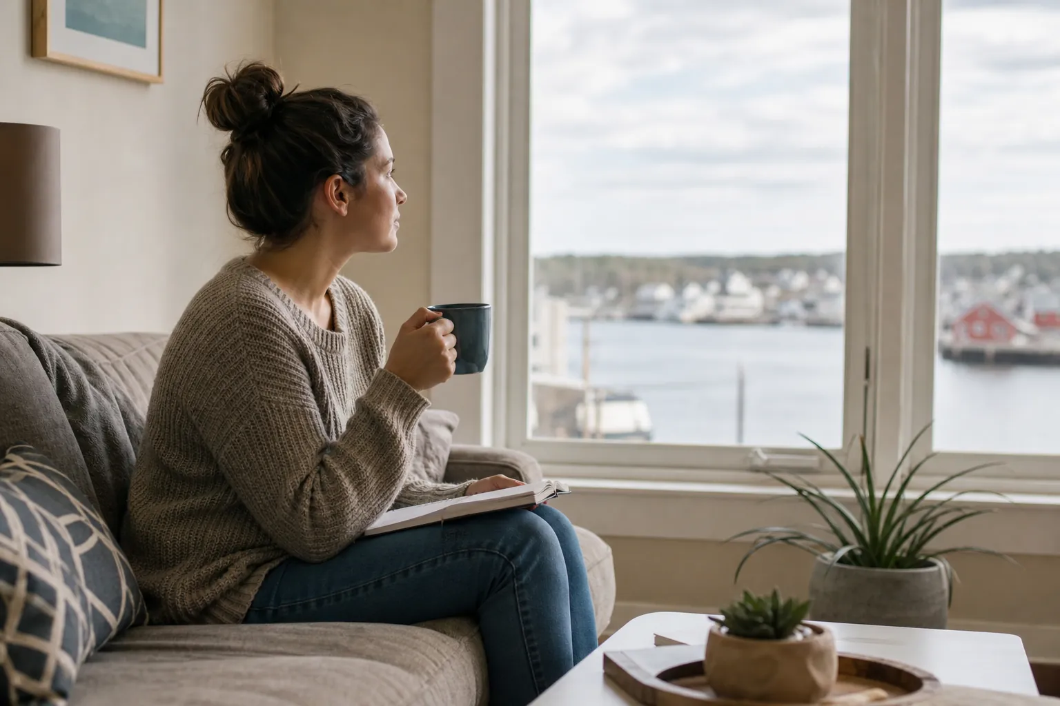 A woman sits on a sofa holding a mug with an open notebook on her lap, looking through a large window toward a harbor.